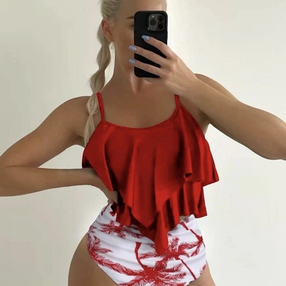 SHEIN Red and White Tropical Ruffle Bikini